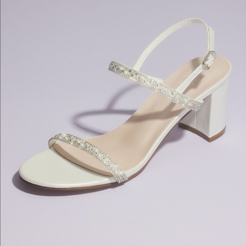 Two Strap Pearl and Crystal Block Heel Sandals